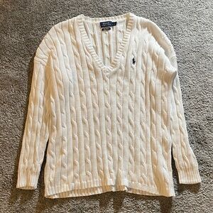 Ralph Lauren Women's Cream V-Neck Cable Knit Sweater